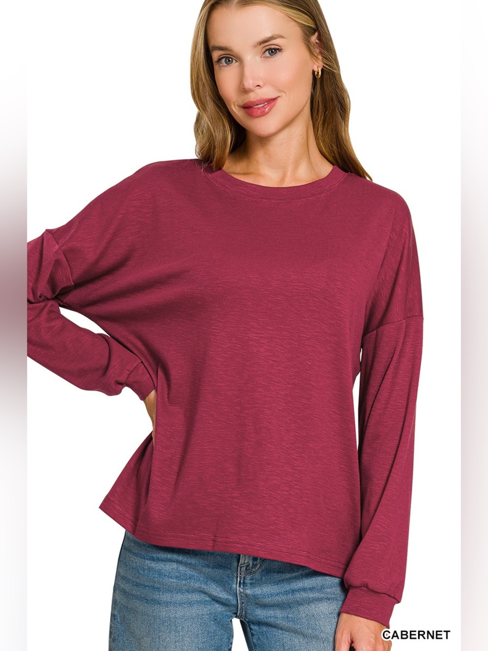 Zenana Cabernet Cotton Modal Spandex Slub Round Neck Long Sleeve Top